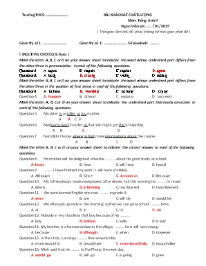Đề khảo sát chất lượng môn Tiếng Anh Lớp 9 - Năm học 2019-2020 (Có đáp án)